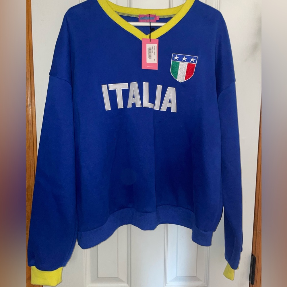 Edikted Blue Italia Sweatshirt with Yellow Trim
